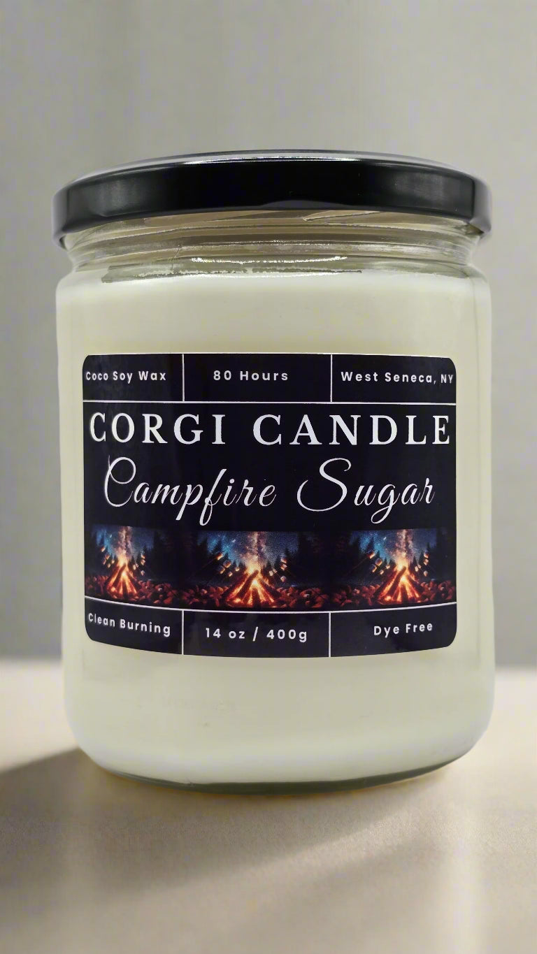 Campfire Sugar 14 oz candle by corgi candle.