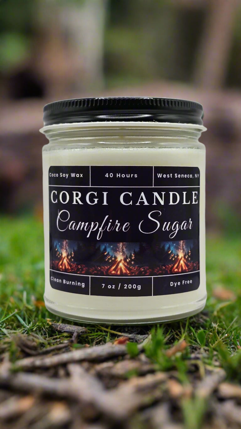 Campfire Sugar 7 oz soy scented candle by CORGI CANDLE, hand-poured with soy and coconut wax for a clean burn and long-lasting fragrance.