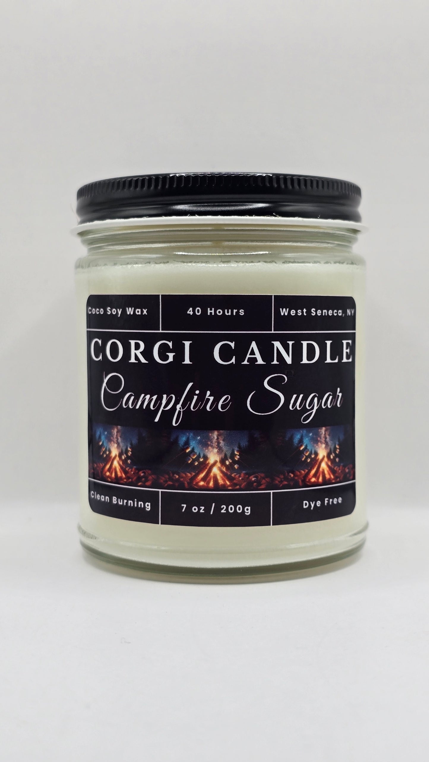 Campfire Sugar 7 oz soy scented candle by CORGI CANDLE, hand-poured with soy and coconut wax for a clean burn and long-lasting fragrance.
