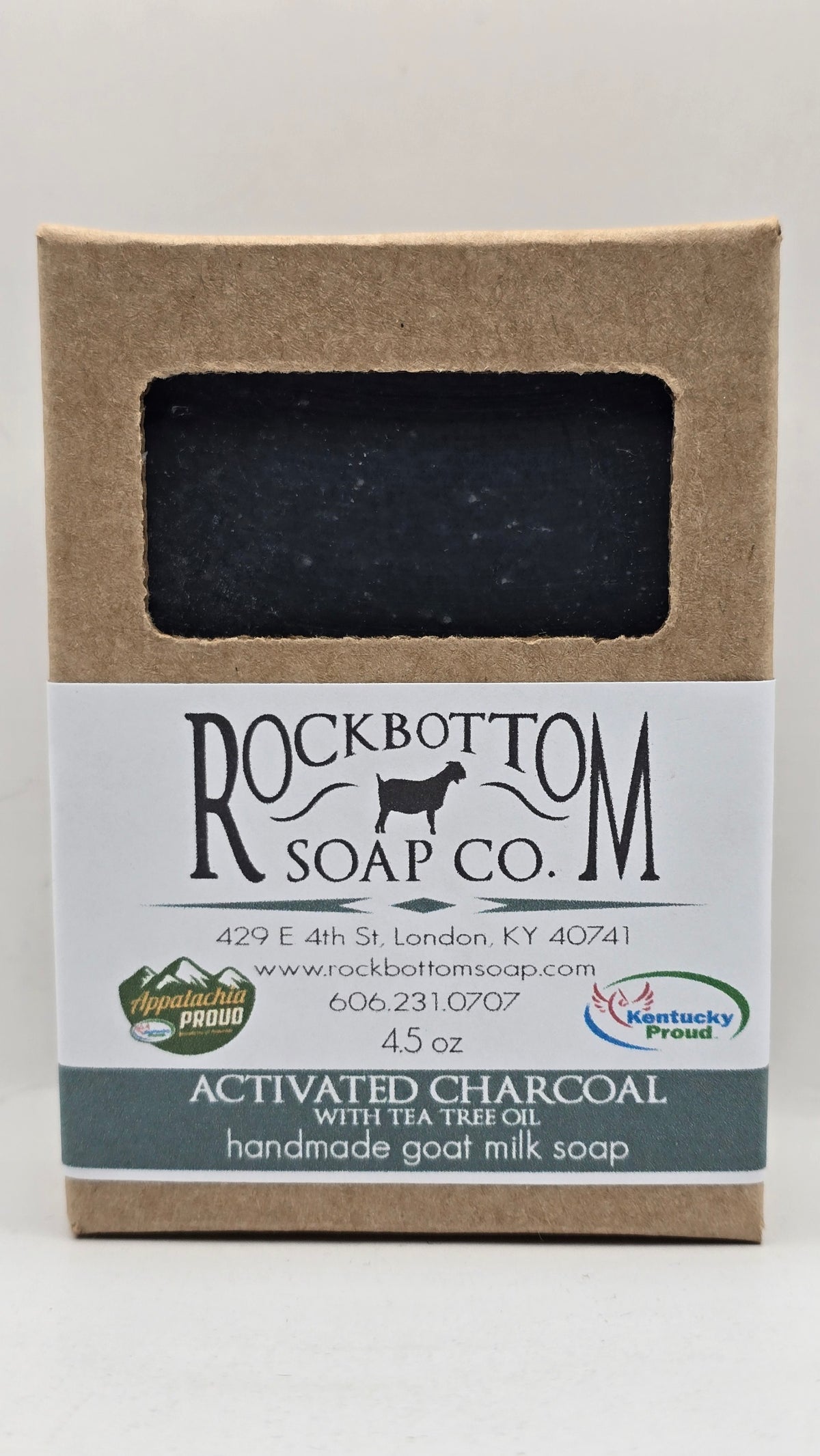 Rock Bottom Soap Co. activated charcoal goat milk soap with tea tree oil in kraft packaging,