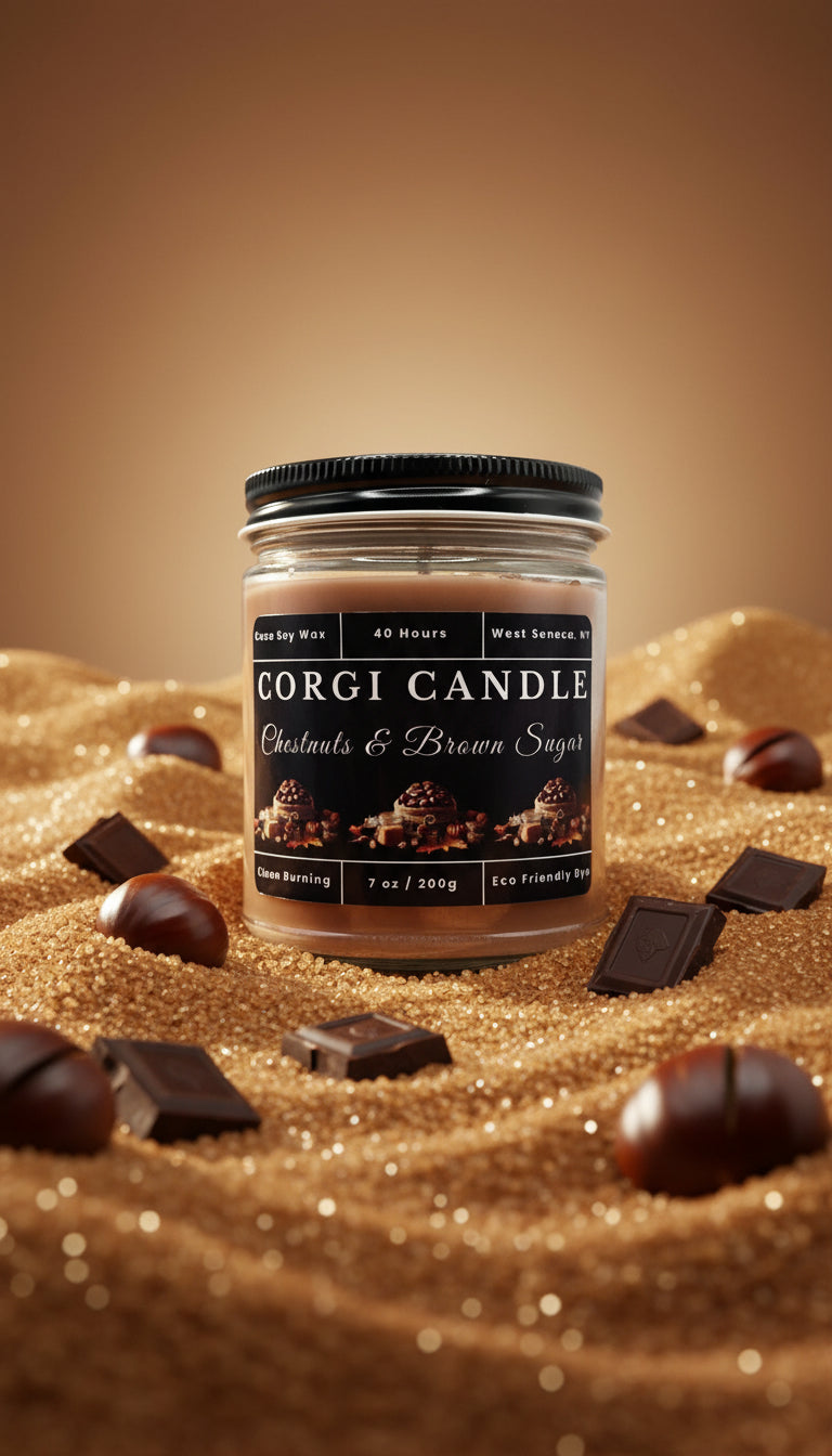 Corgi Candle jar with label on a white background