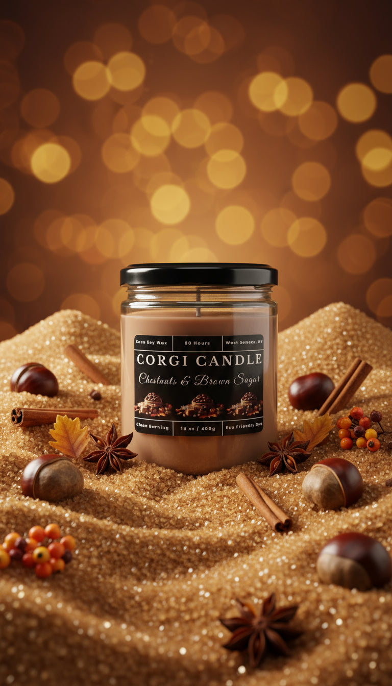 Corgi Candle jar with label on a white background