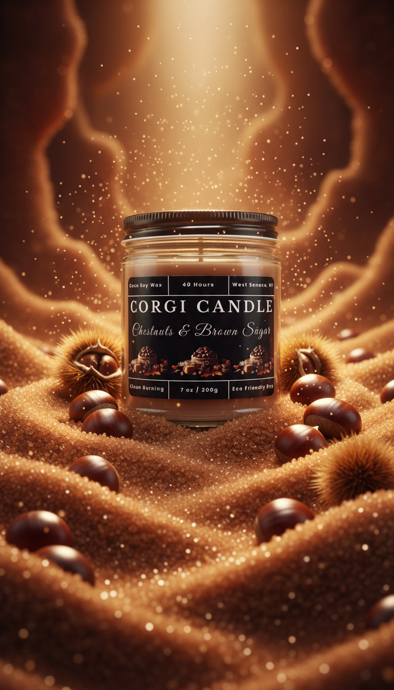 Corgi Candle jar with label on a white background