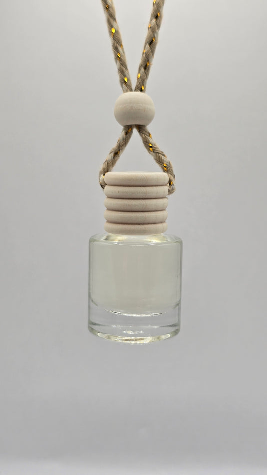 Glass 8 ml bottle with a white cap and beige cord on a light gray background