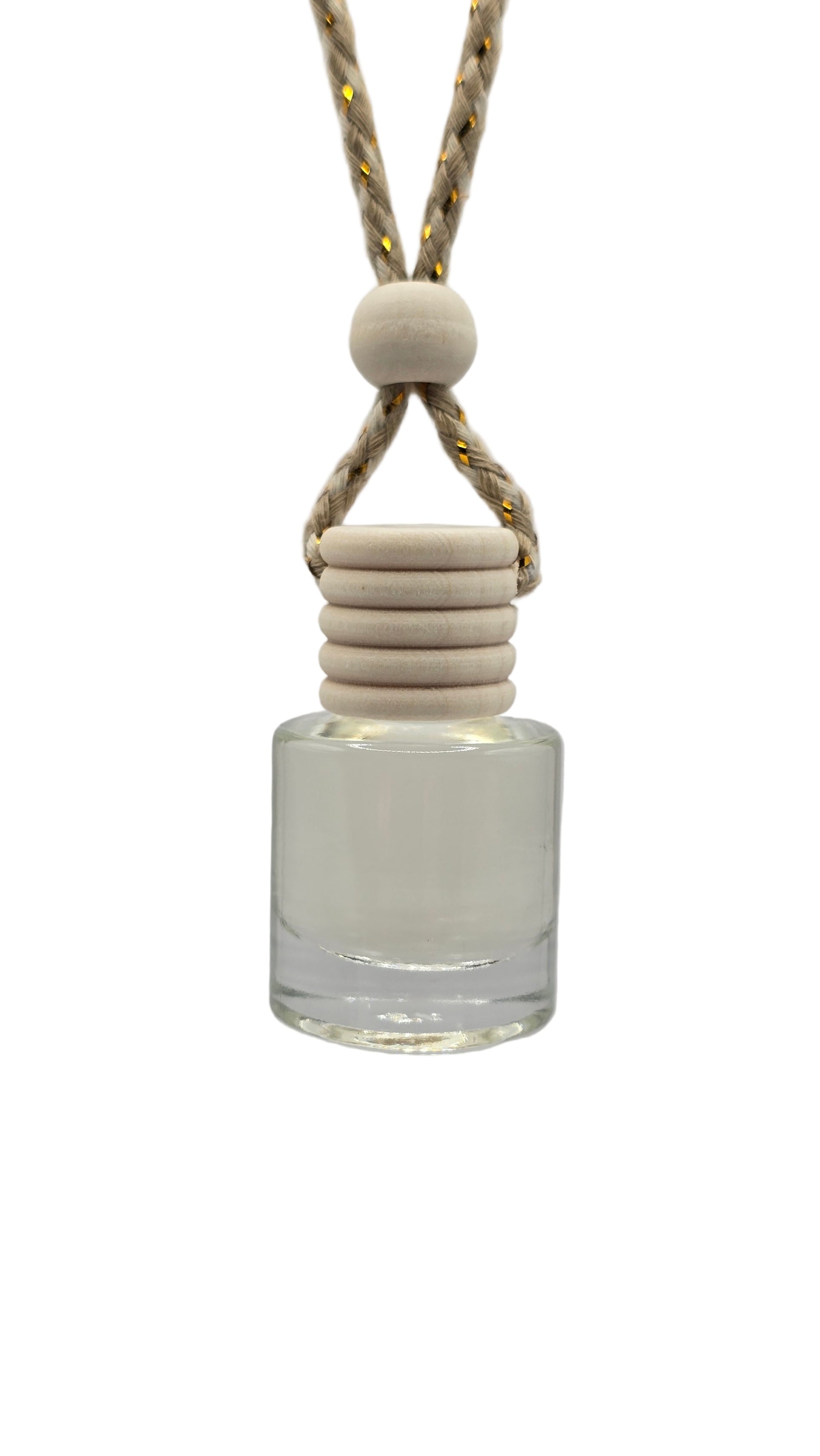 Glass bottle with a white cap and beige cord on a light gray background