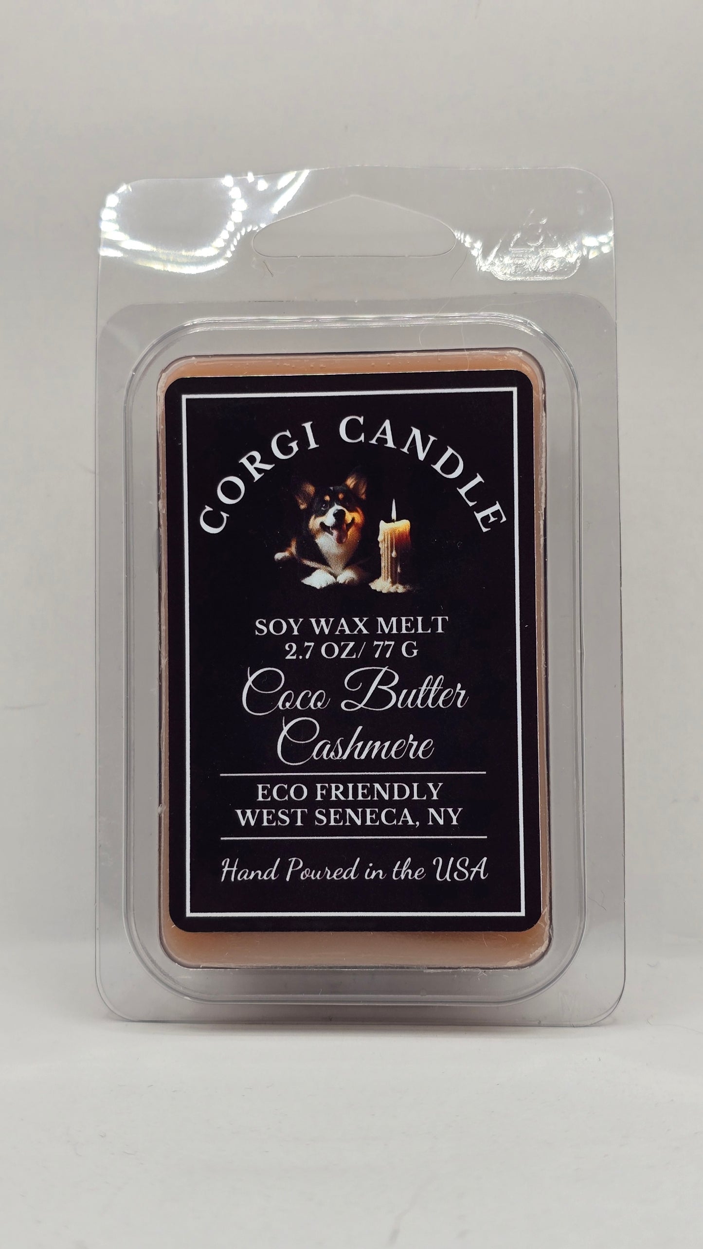 Coco Butter Cashmere soy wax melt by CORGI CANDLE in clear clamshell packaging with black label, 2.7 oz warm vanilla scented wax melt hand poured in West Seneca NY.