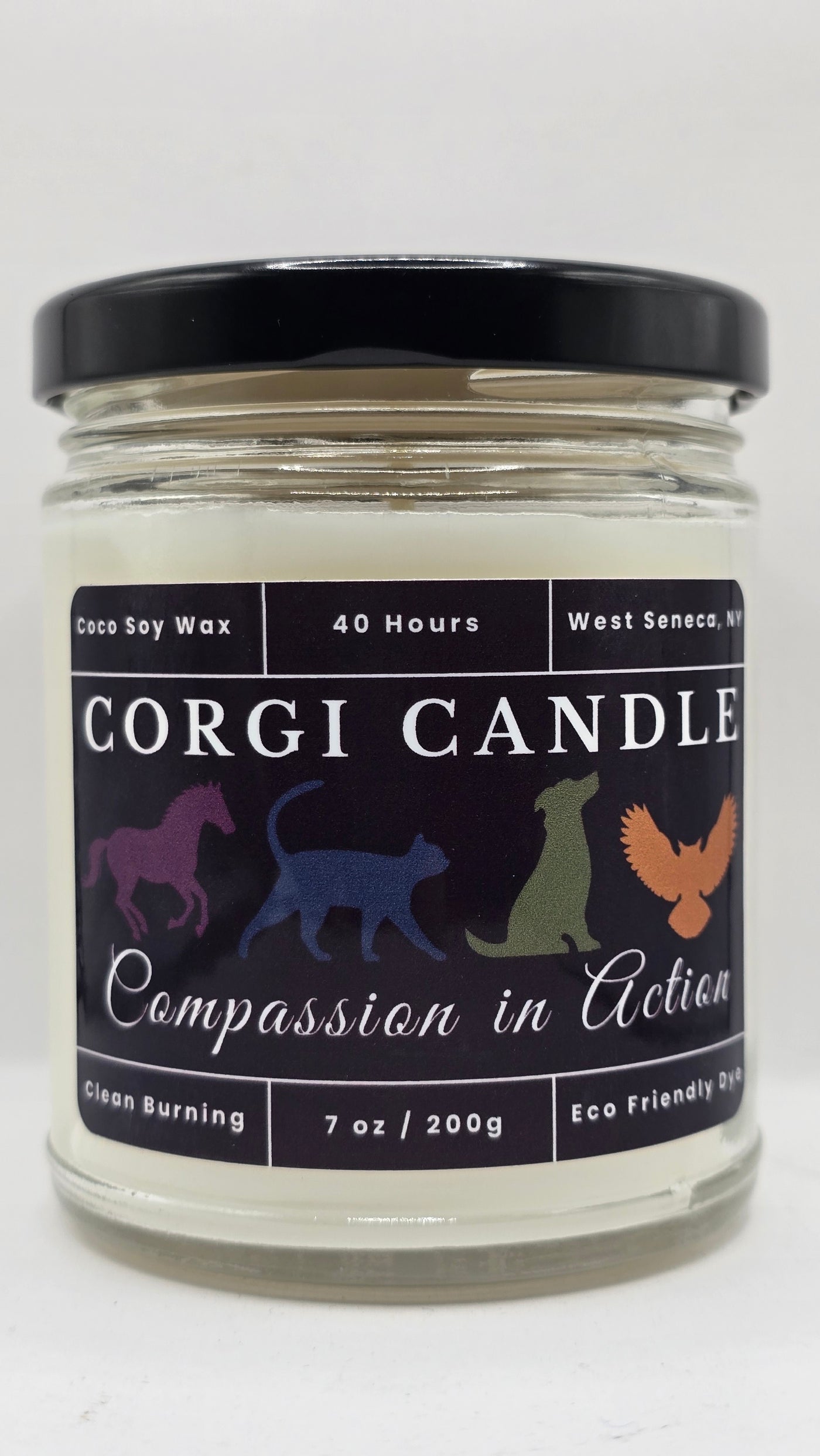 Corgi Candle jar with a label on a white background