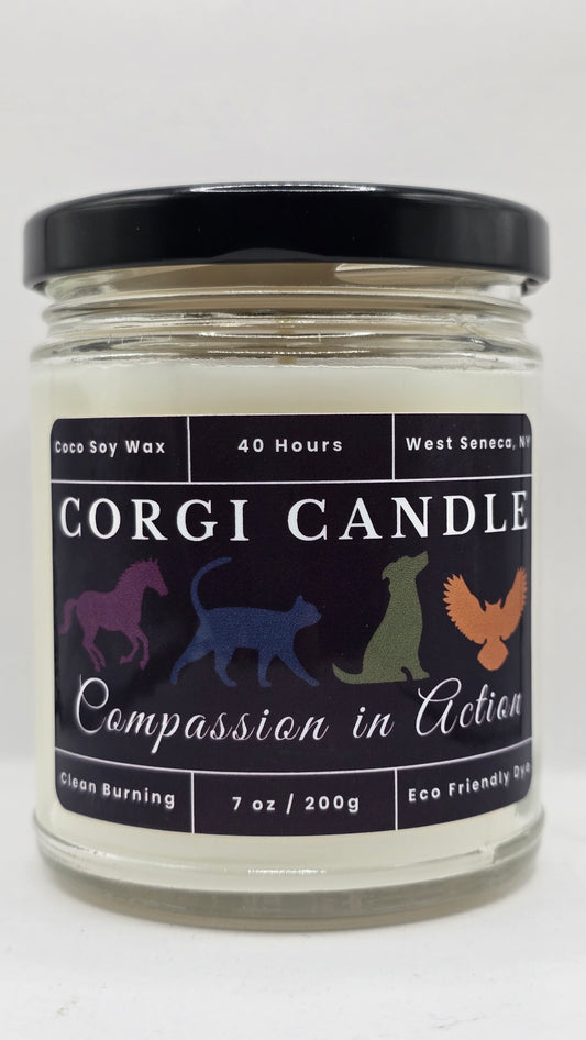 Corgi Candle jar with a label on a white background