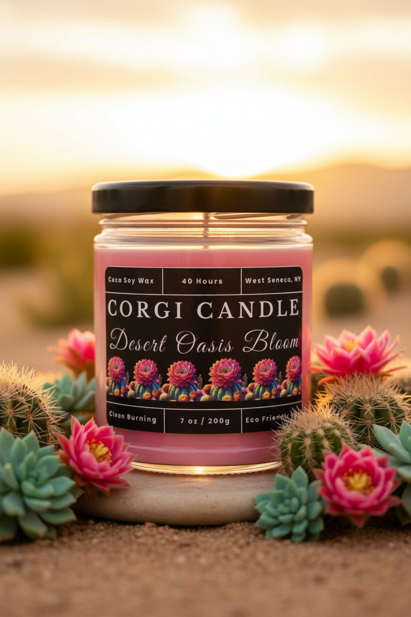 Desert Oasis Bloom 7 oz soy scented candle by CORGI CANDLE in clear glass jar, Baja cactus flower inspired fragrance, eco-friendly candle hand poured in West Seneca New York