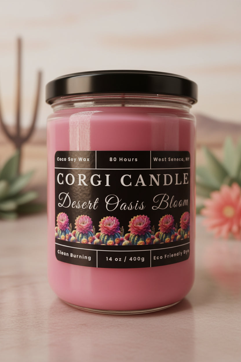 Desert Oasis Bloom 14 oz soy scented candle by CORGI CANDLE in clear glass jar, cactus flower fragrance candle, eco-friendly candle hand poured in West Seneca New York
