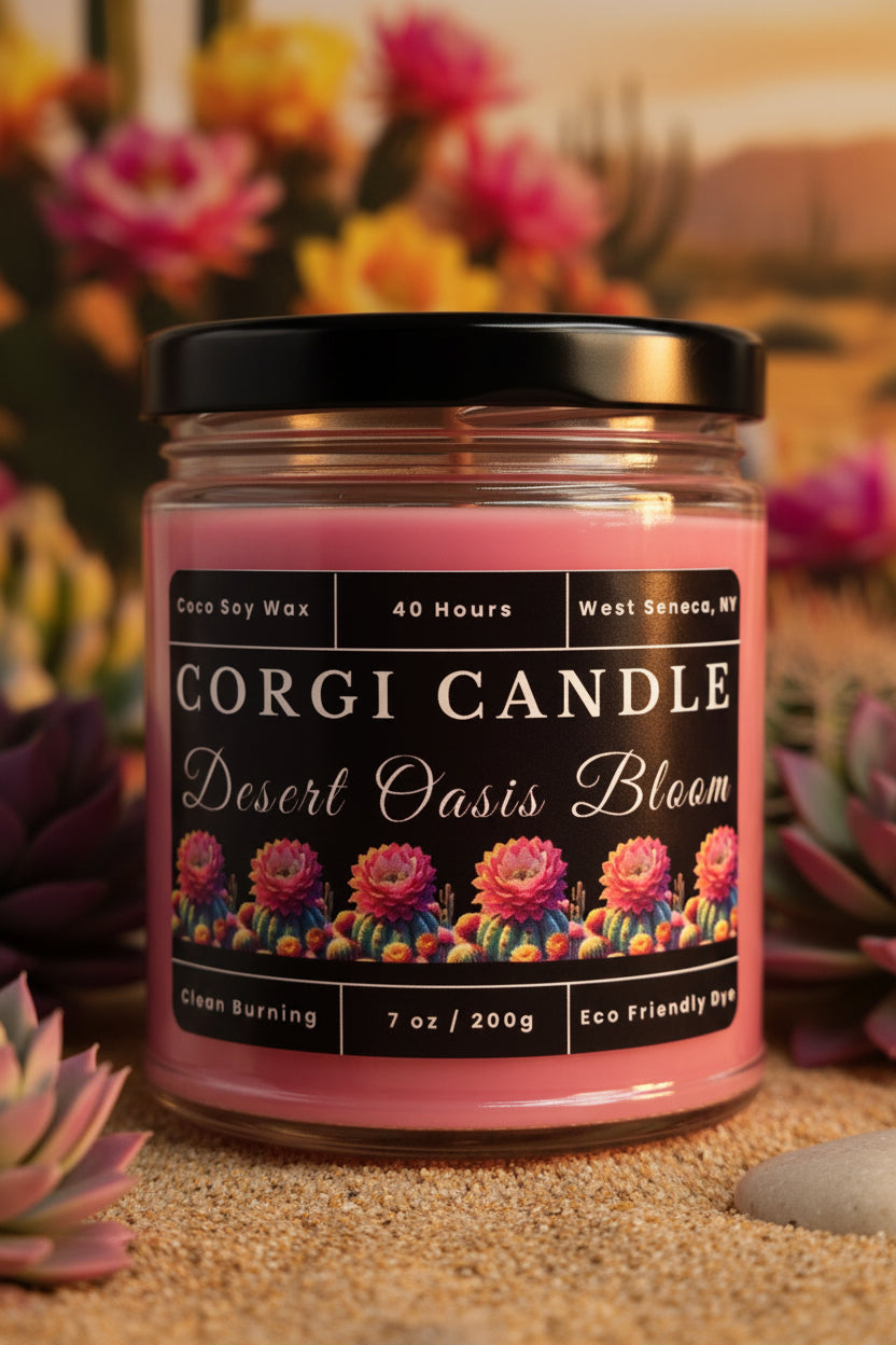 Desert Oasis Bloom 7 oz soy scented candle by CORGI CANDLE in clear glass jar, Baja cactus flower inspired fragrance, eco-friendly candle hand poured in West Seneca New York