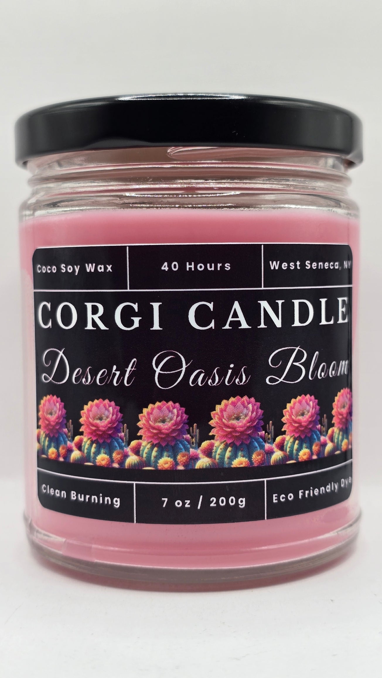 Desert Oasis Bloom 7 oz soy scented candle by CORGI CANDLE in clear glass jar, Baja cactus flower inspired fragrance, eco-friendly candle hand poured in West Seneca New York