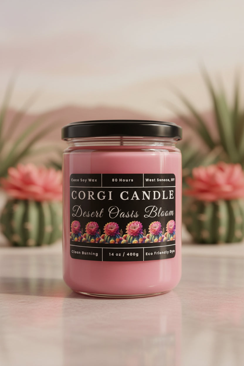 Desert Oasis Bloom 14 oz soy scented candle by CORGI CANDLE in clear glass jar, cactus flower fragrance candle, eco-friendly candle hand poured in West Seneca New York