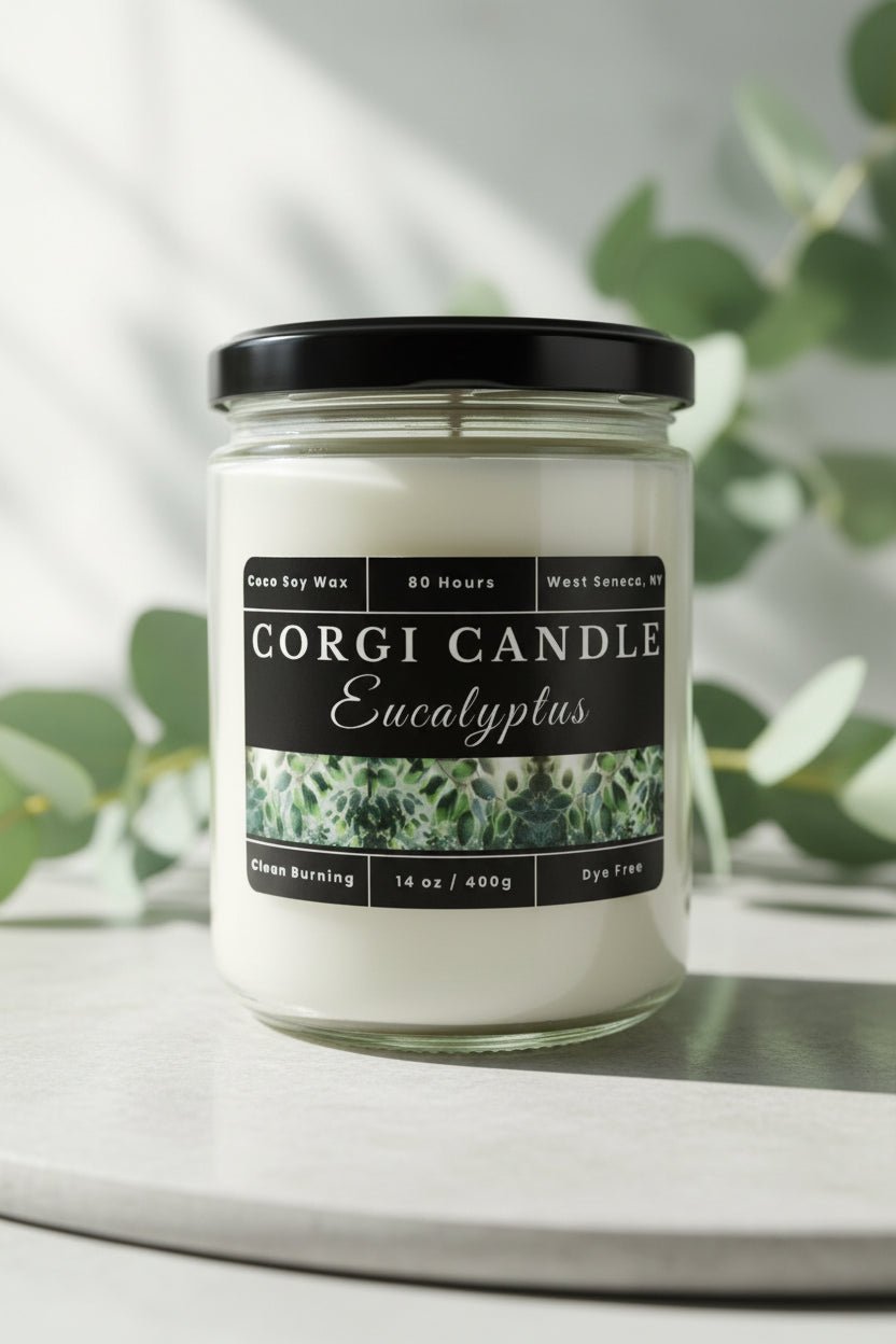 Eucalyptus 14 oz soy scented candle by CORGI CANDLE in clear glass jar, fresh eucalyptus fragrance candle, eco-friendly candle hand poured in West Seneca New York