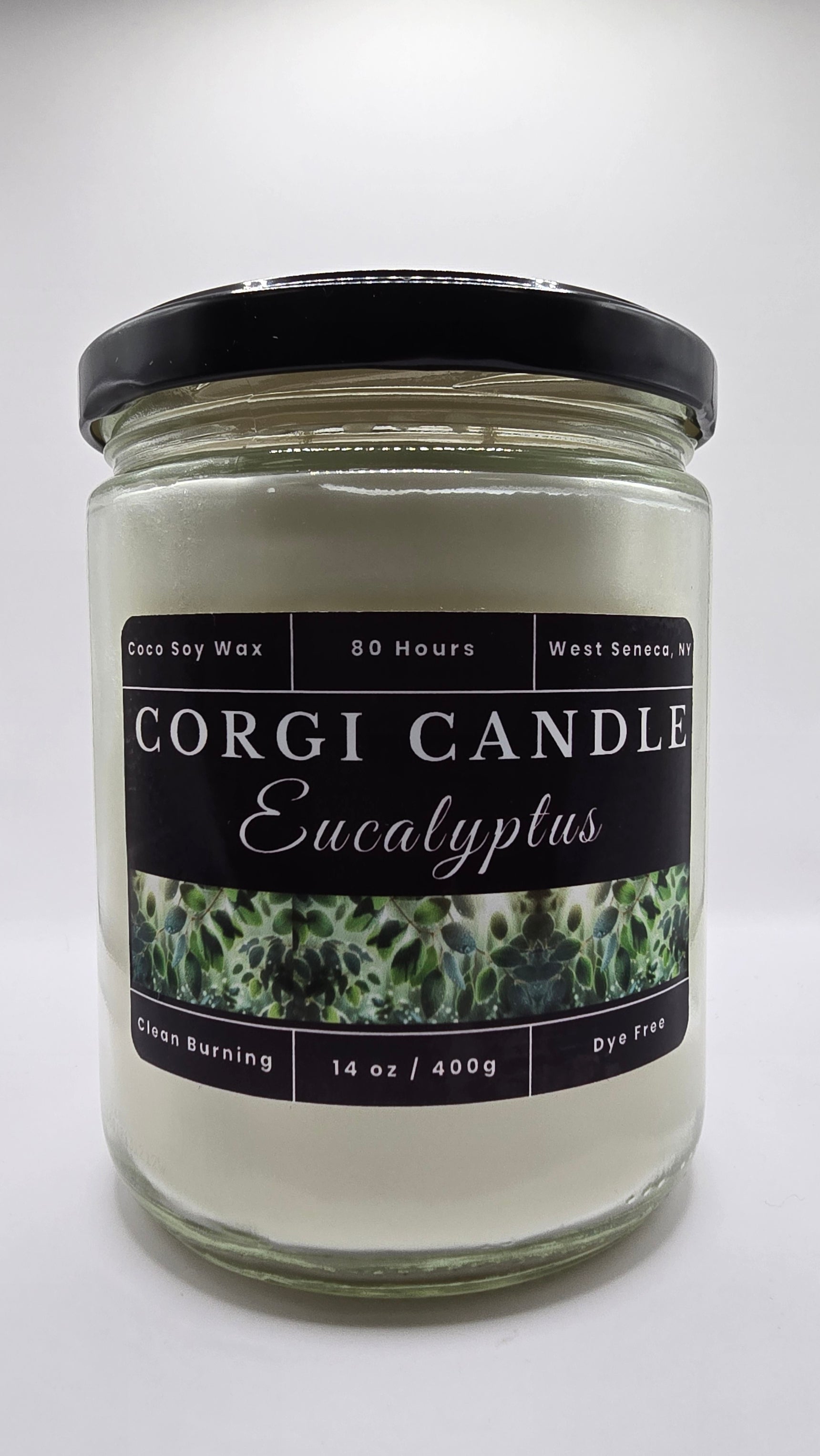 Eucalyptus 14 oz soy scented candle by CORGI CANDLE in clear glass jar, fresh eucalyptus fragrance candle, eco-friendly candle hand poured in West Seneca New York