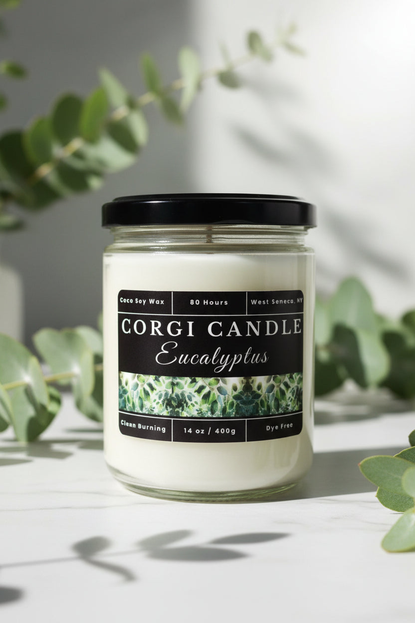 Eucalyptus 14 oz soy scented candle by CORGI CANDLE in clear glass jar, fresh eucalyptus fragrance candle, eco-friendly candle hand poured in West Seneca New York