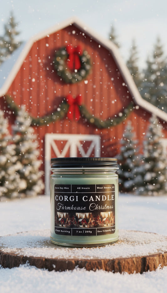 Corgi Candle jar with a label on a white background