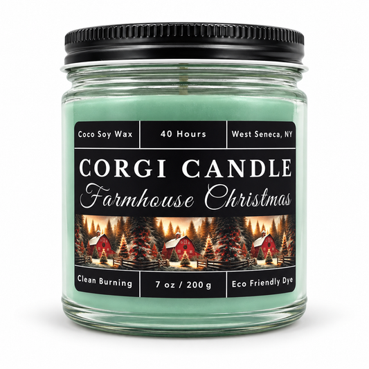 7 oz Farmhouse Christmas soy scented candle by CORGI CANDLE, green holiday candle handcrafted in West Seneca, NY on a clean white background.