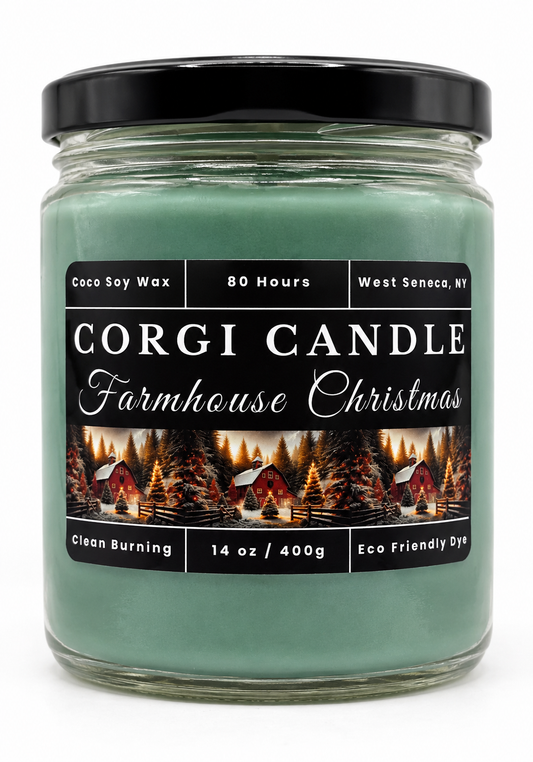 14 oz Farmhouse Christmas soy scented candle by CORGI CANDLE, teal-green holiday candle handcrafted in West Seneca, NY on a clean white background.