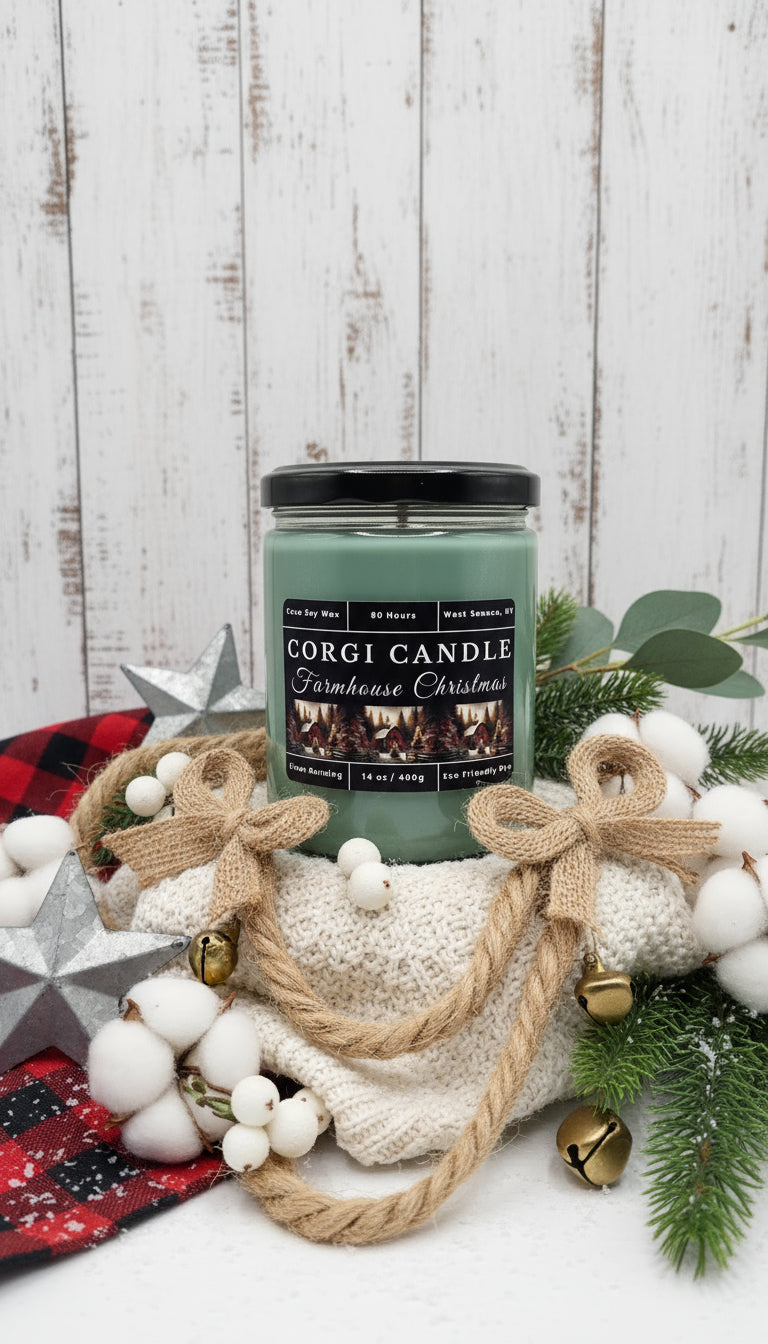 Corgi Candle jar with label on a white background