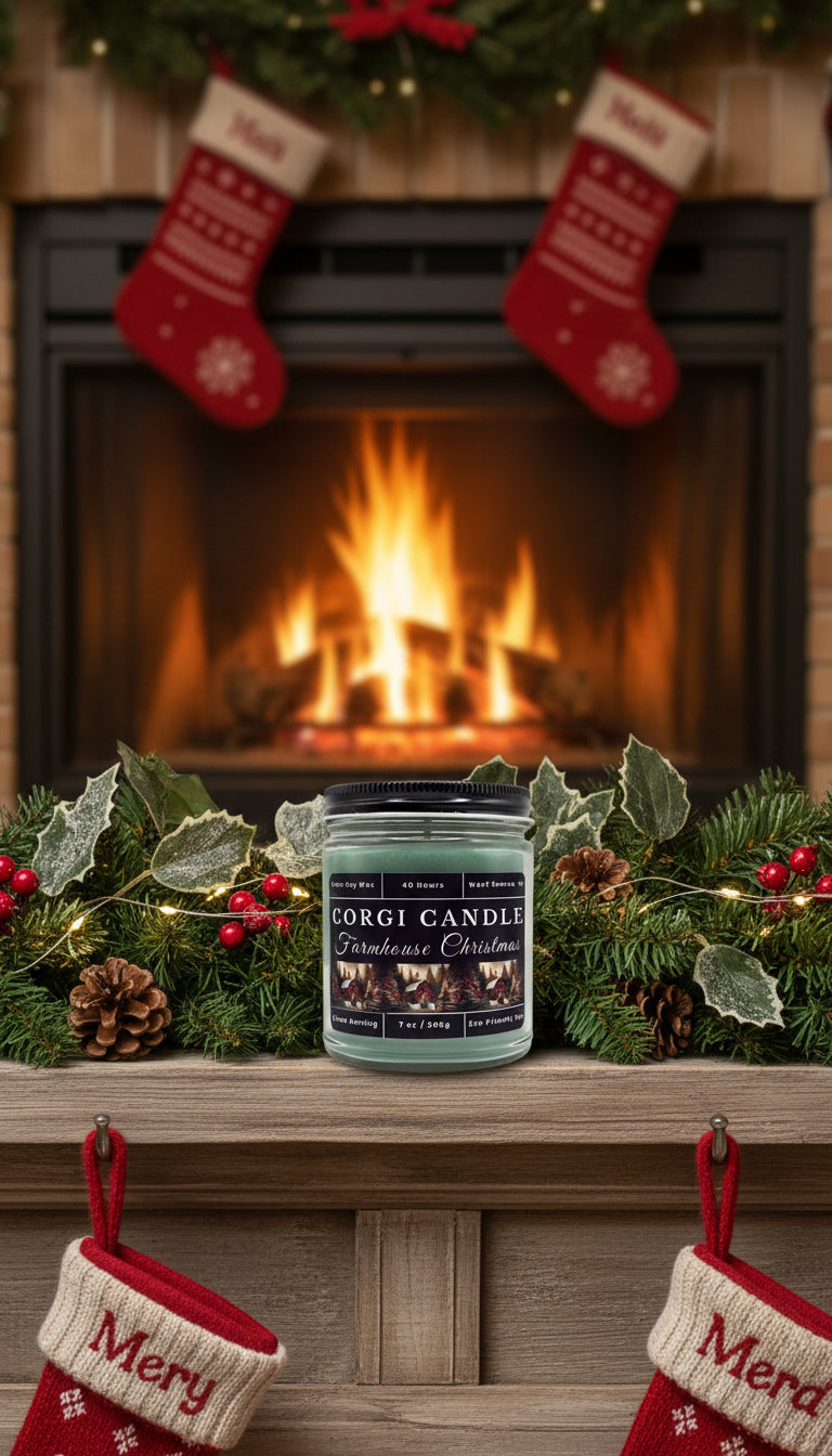 Corgi Candle jar with a label on a white background