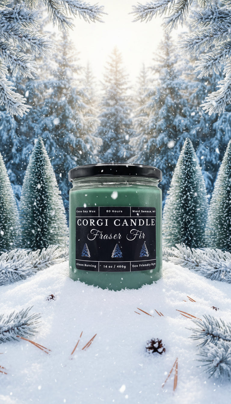 Fraser Fir Soy Scented candle jar with label by Corgi Candle