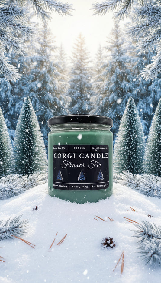 Fraser Fir Soy Scented candle jar with label by Corgi Candle