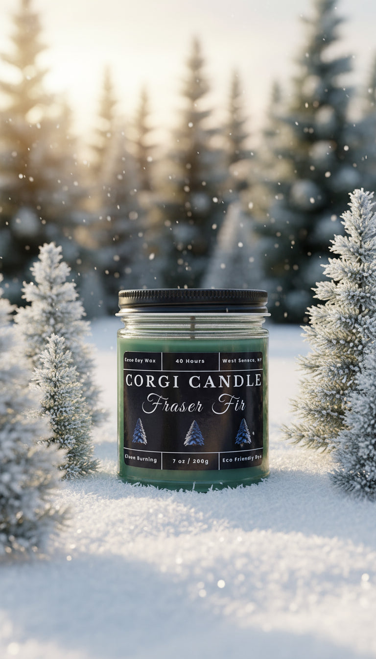 Corgi Candle Fraser Fir Soy Scented candle in a jar with label in a winter setting.