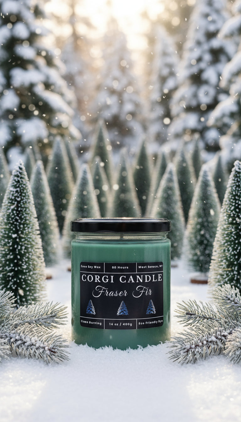 Corgi Candle Fraser Fir Scented Soy candle in jar with label in a snowy paradise