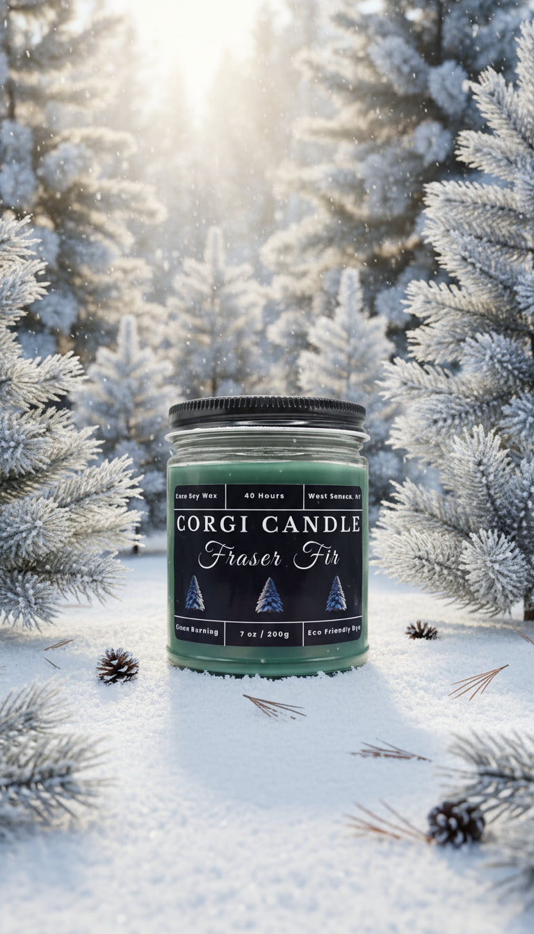 Corgi Candle Fraser Fir Soy Scented candle in a jar with label in a winter setting.