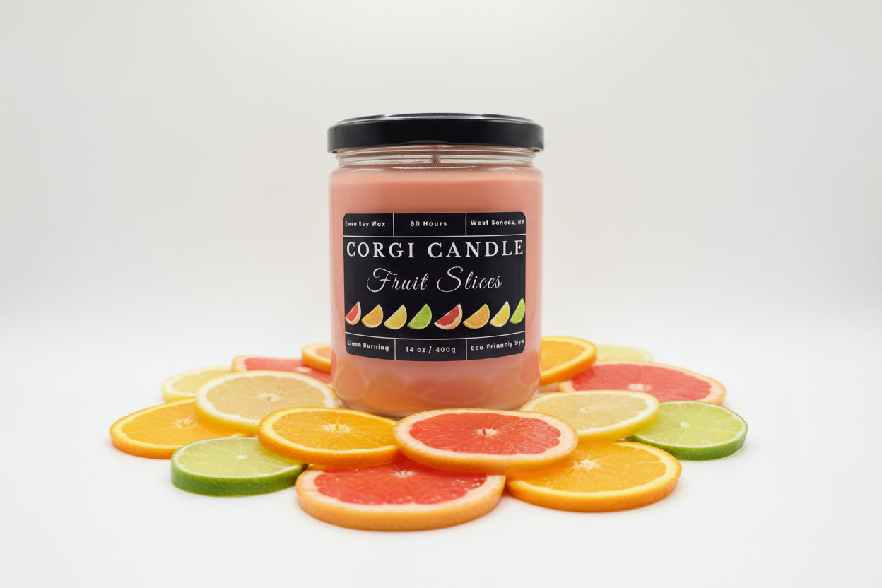 Fruit Slices 14 oz Soy Scented Candle by CORGI CANDLE in large glass jar with lid, colorful citrus-inspired fragrance, eco-friendly hand-poured candle made in West Seneca NY