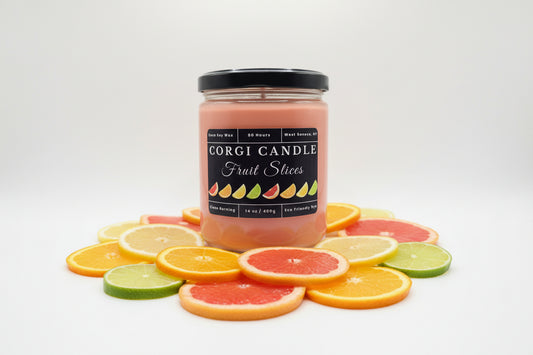 Fruit Slices 14 oz Soy Scented Candle by CORGI CANDLE in large glass jar with lid, colorful citrus-inspired fragrance, eco-friendly hand-poured candle made in West Seneca NY