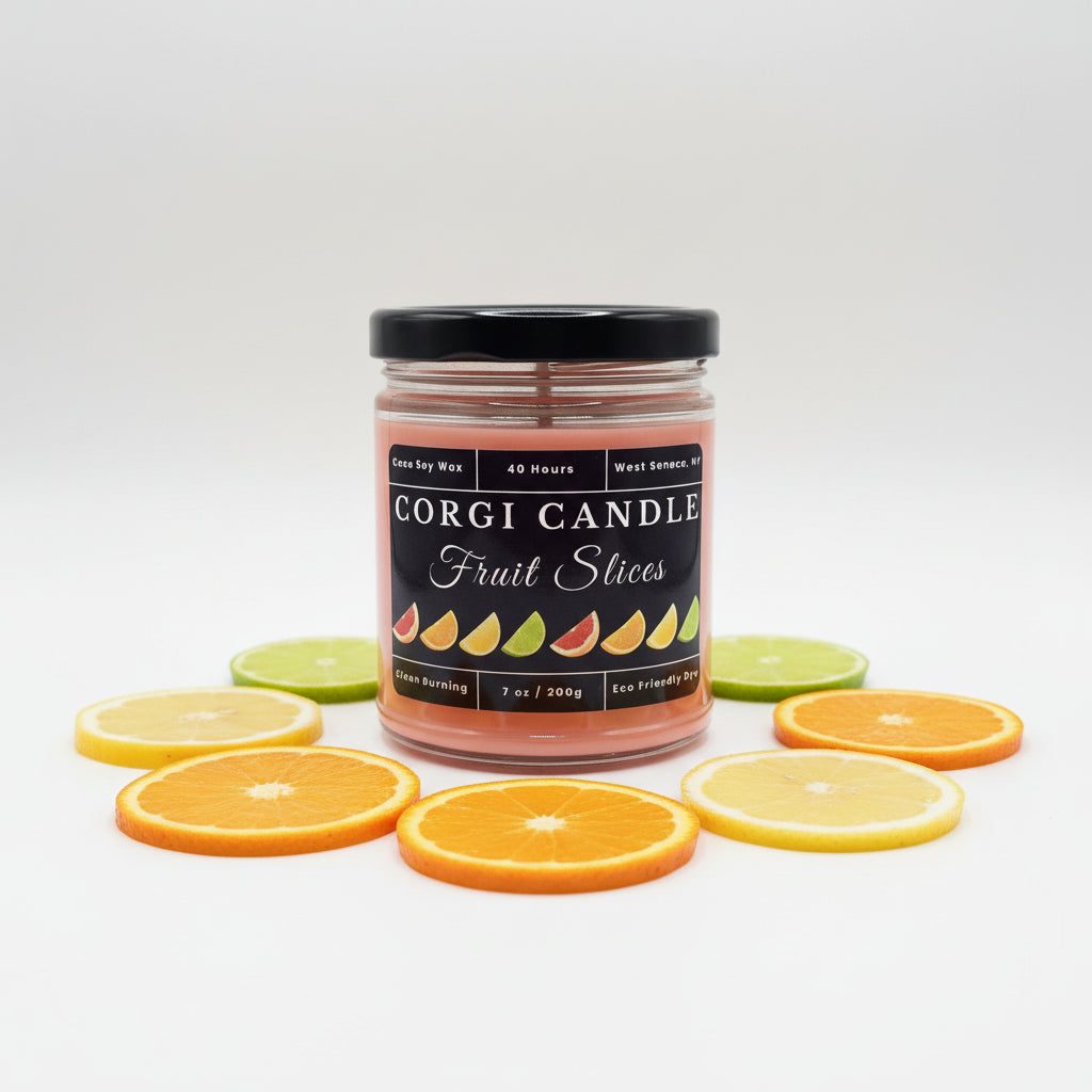 Fruit Slices 7 oz soy scented candle by CORGI CANDLE in clear glass jar, bright citrus fruit fragrance, eco-friendly candle hand poured in West Seneca New York