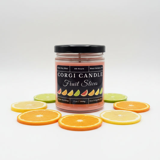 Fruit Slices 7 oz soy scented candle by CORGI CANDLE in clear glass jar, bright citrus fruit fragrance, eco-friendly candle hand poured in West Seneca New York