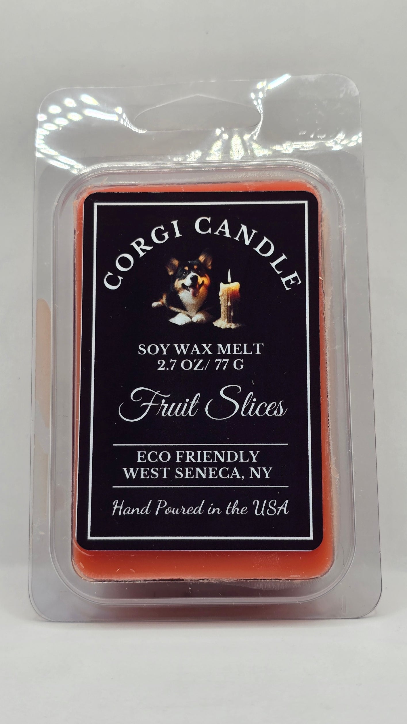 Fruit Slices soy wax melt by CORGI CANDLE in clear clamshell packaging with black label, 2.7 oz hand-poured in West Seneca, NY.