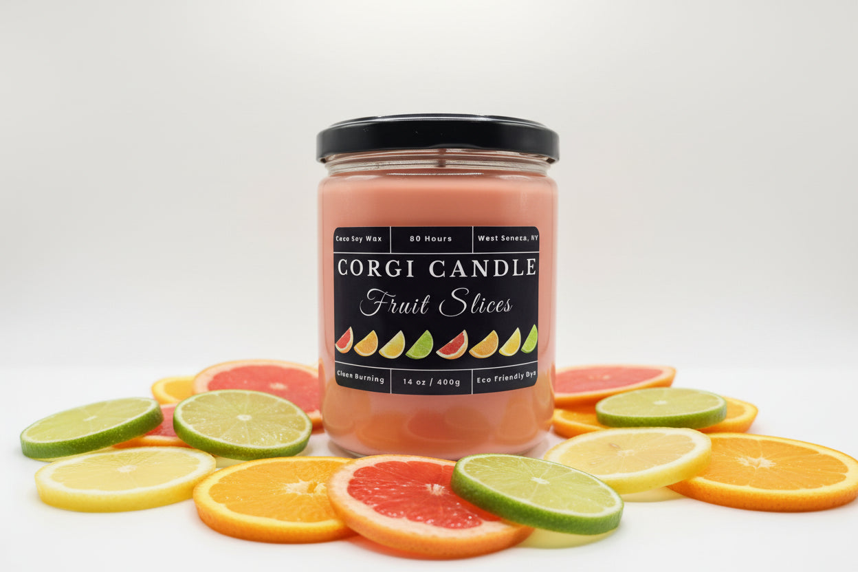 Fruit Slices 14 oz Soy Scented Candle by CORGI CANDLE in large glass jar with lid, colorful citrus-inspired fragrance, eco-friendly hand-poured candle made in West Seneca NY