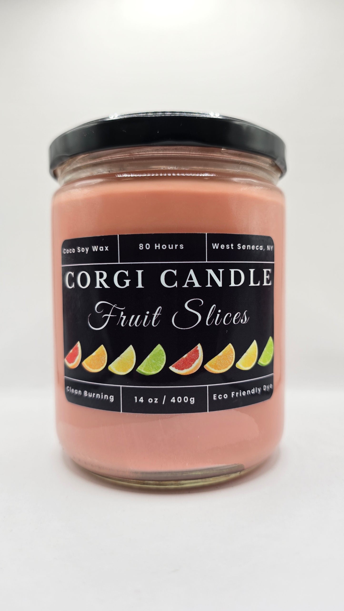 Fruit Slices 14 oz Soy Scented Candle by CORGI CANDLE in large glass jar with lid, colorful citrus-inspired fragrance, eco-friendly hand-poured candle made in West Seneca NY