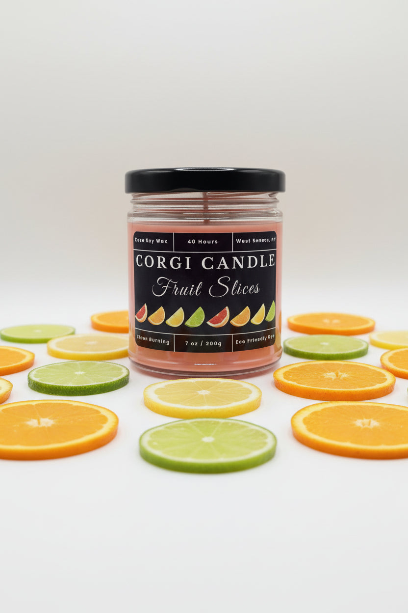 Fruit Slices 7 oz soy scented candle by CORGI CANDLE in clear glass jar, bright citrus fruit fragrance, eco-friendly candle hand poured in West Seneca New York