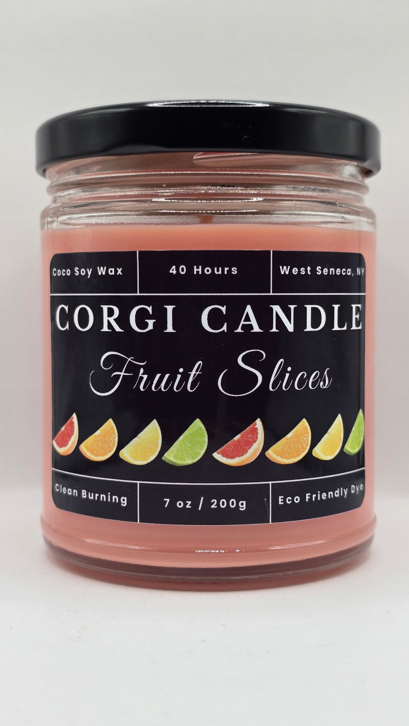 Fruit Slices 7 oz soy scented candle by CORGI CANDLE in clear glass jar, bright citrus fruit fragrance, eco-friendly candle hand poured in West Seneca New York