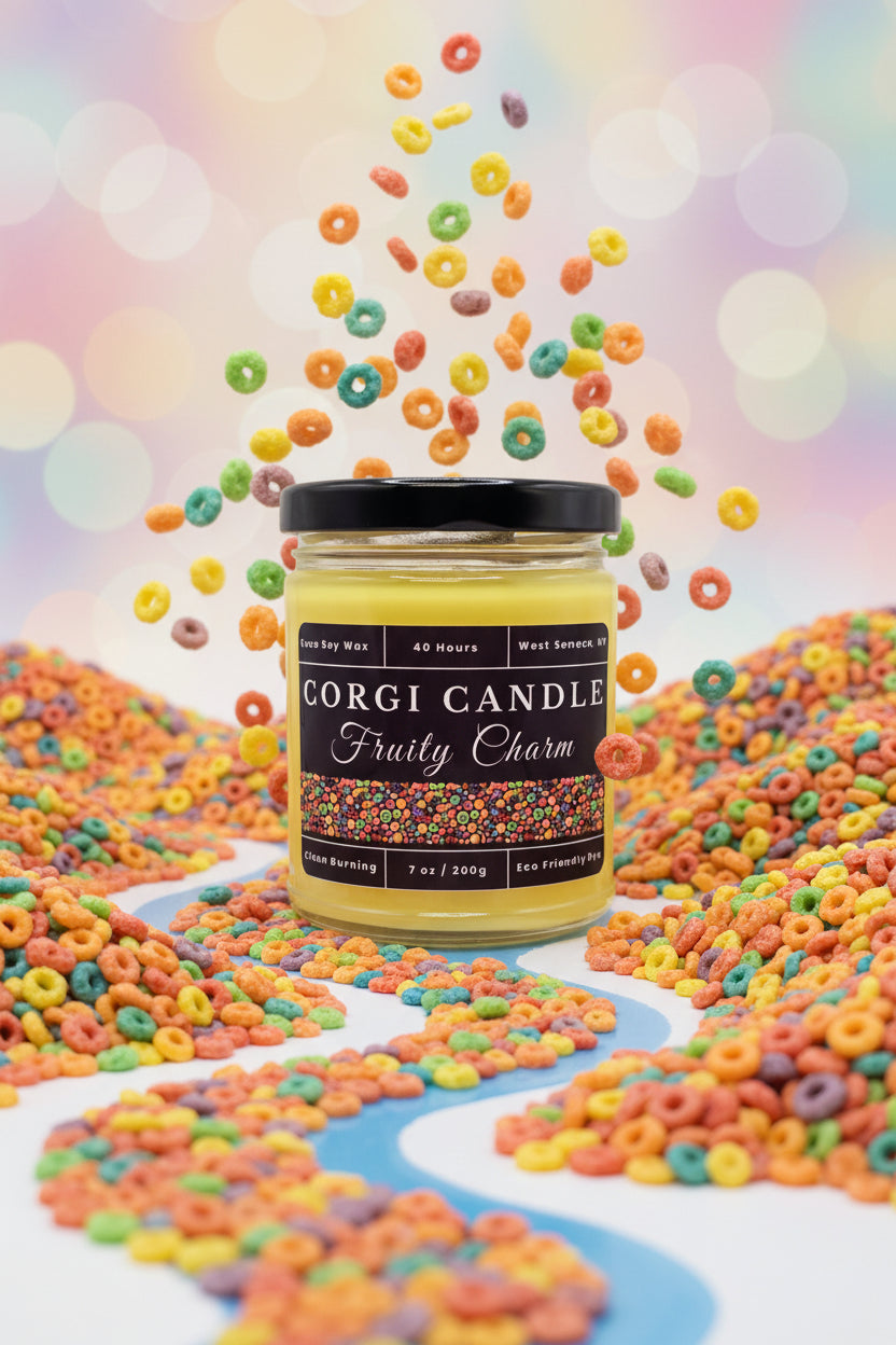 Corgi Candle jar on a kitchen counter with colorful candies