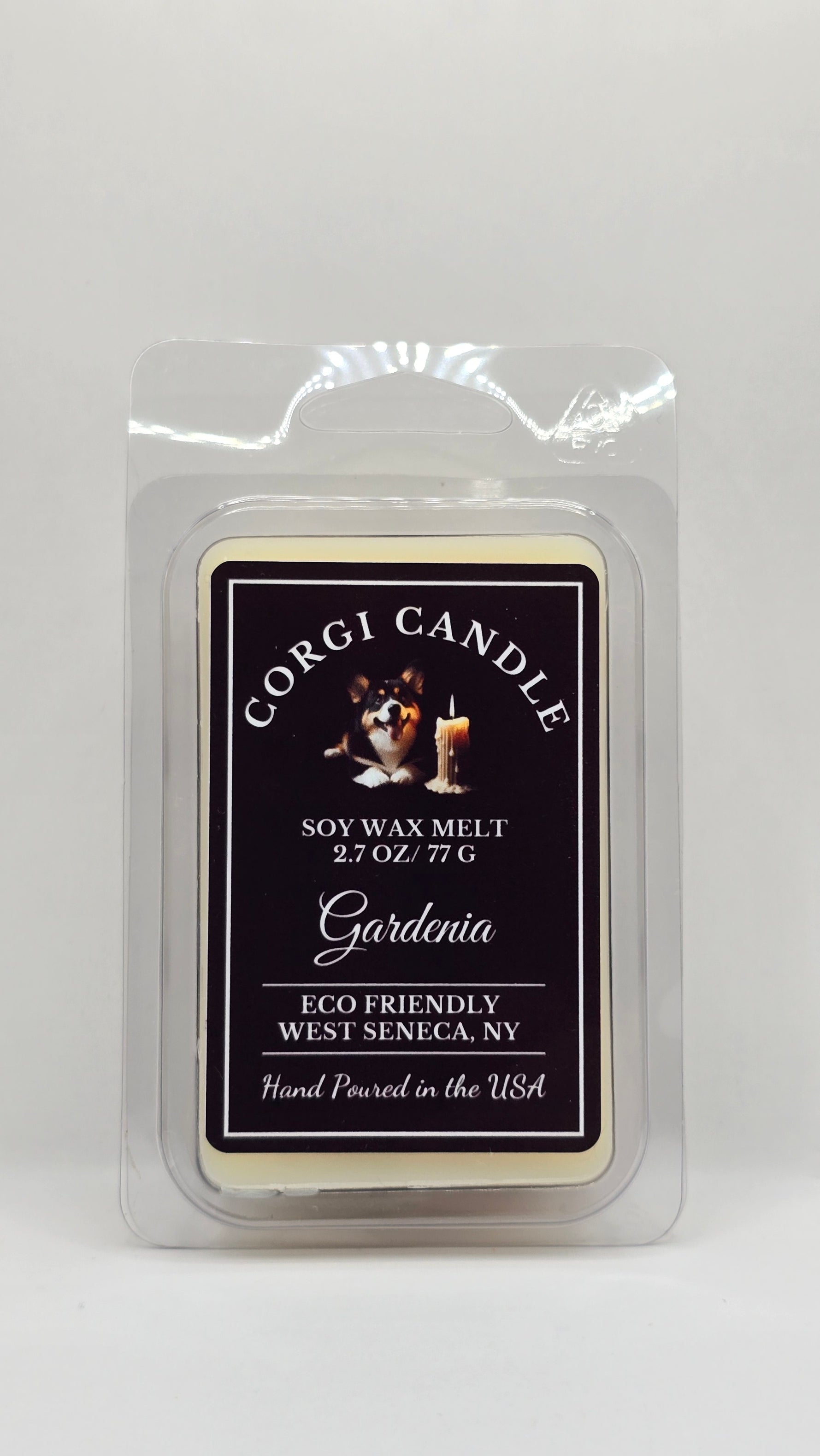 Front view of Gardenia wax melt package by CORGI CANDLE.