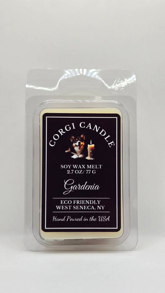 Front view of Gardenia wax melt package by CORGI CANDLE.