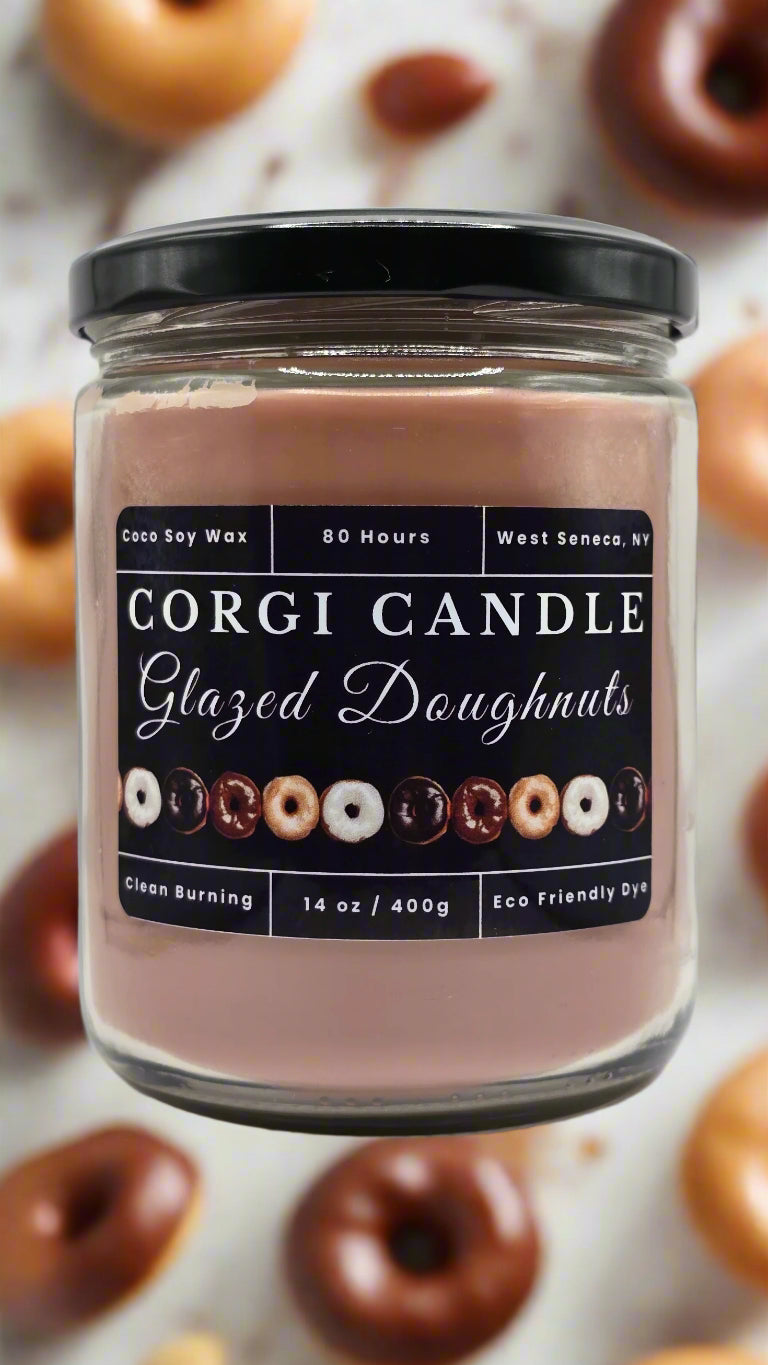 Candle jar with a label reading "Glazed Doughnuts"