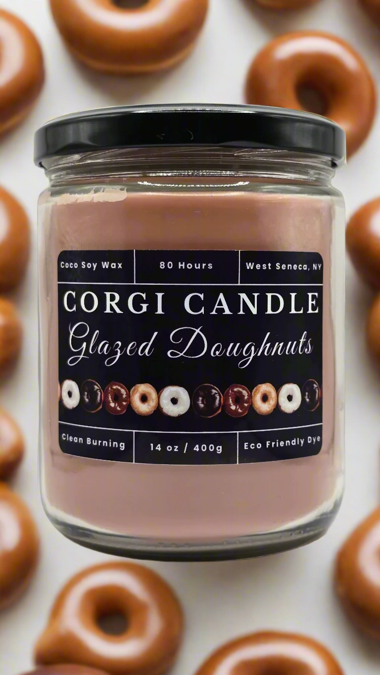 Glazed Doughnuts – 14 oz Soy Scented Candle | Eco-Friendly | CORGI CANDLE – hand-poured soy and coconut wax blend with sweet bakery aroma