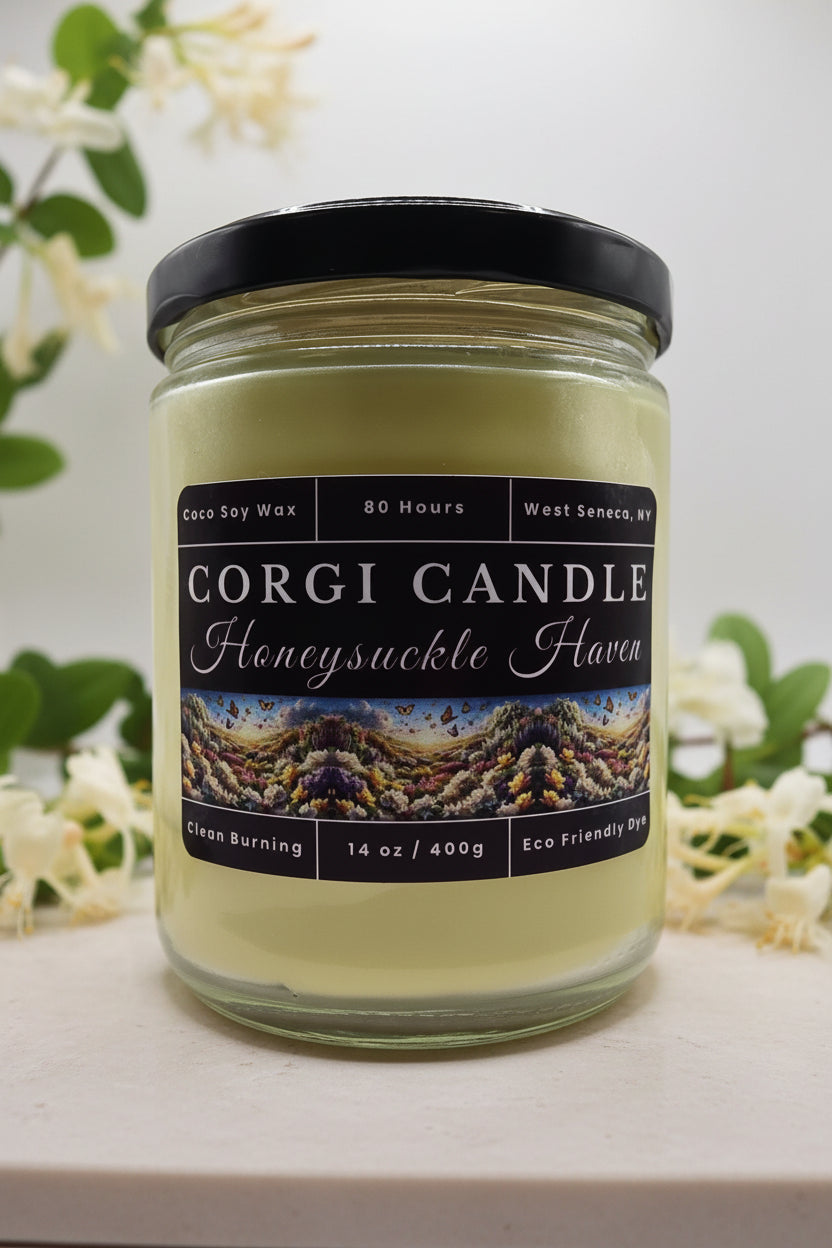 Honeysuckle Haven 14 oz soy scented candle by CORGI CANDLE in clear glass jar, floral honeysuckle fragrance candle, eco-friendly candle hand poured in West Seneca New York