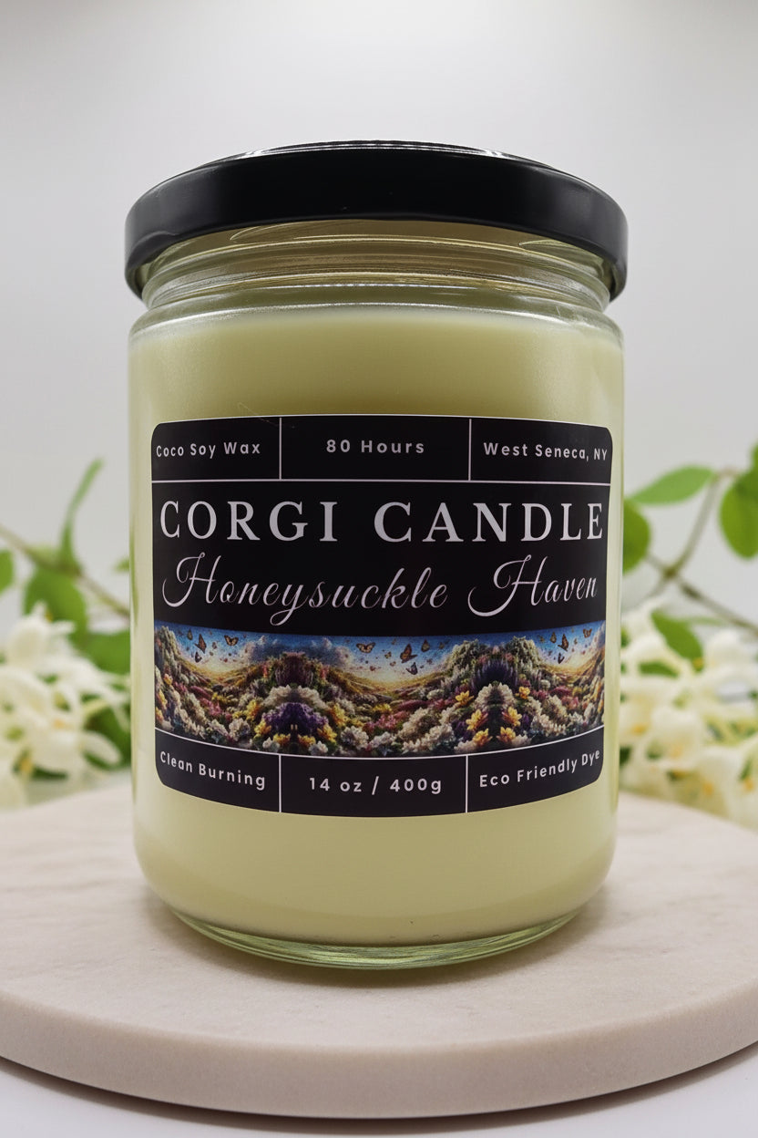 Honeysuckle Haven 14 oz soy scented candle by CORGI CANDLE in clear glass jar, floral honeysuckle fragrance candle, eco-friendly candle hand poured in West Seneca New York