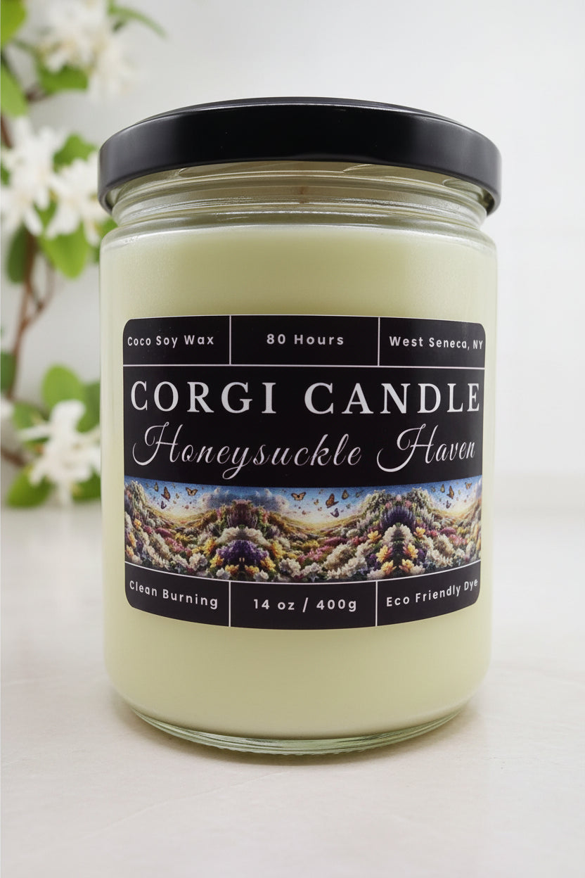 Honeysuckle Haven 14 oz soy scented candle by CORGI CANDLE in clear glass jar, floral honeysuckle fragrance candle, eco-friendly candle hand poured in West Seneca New York