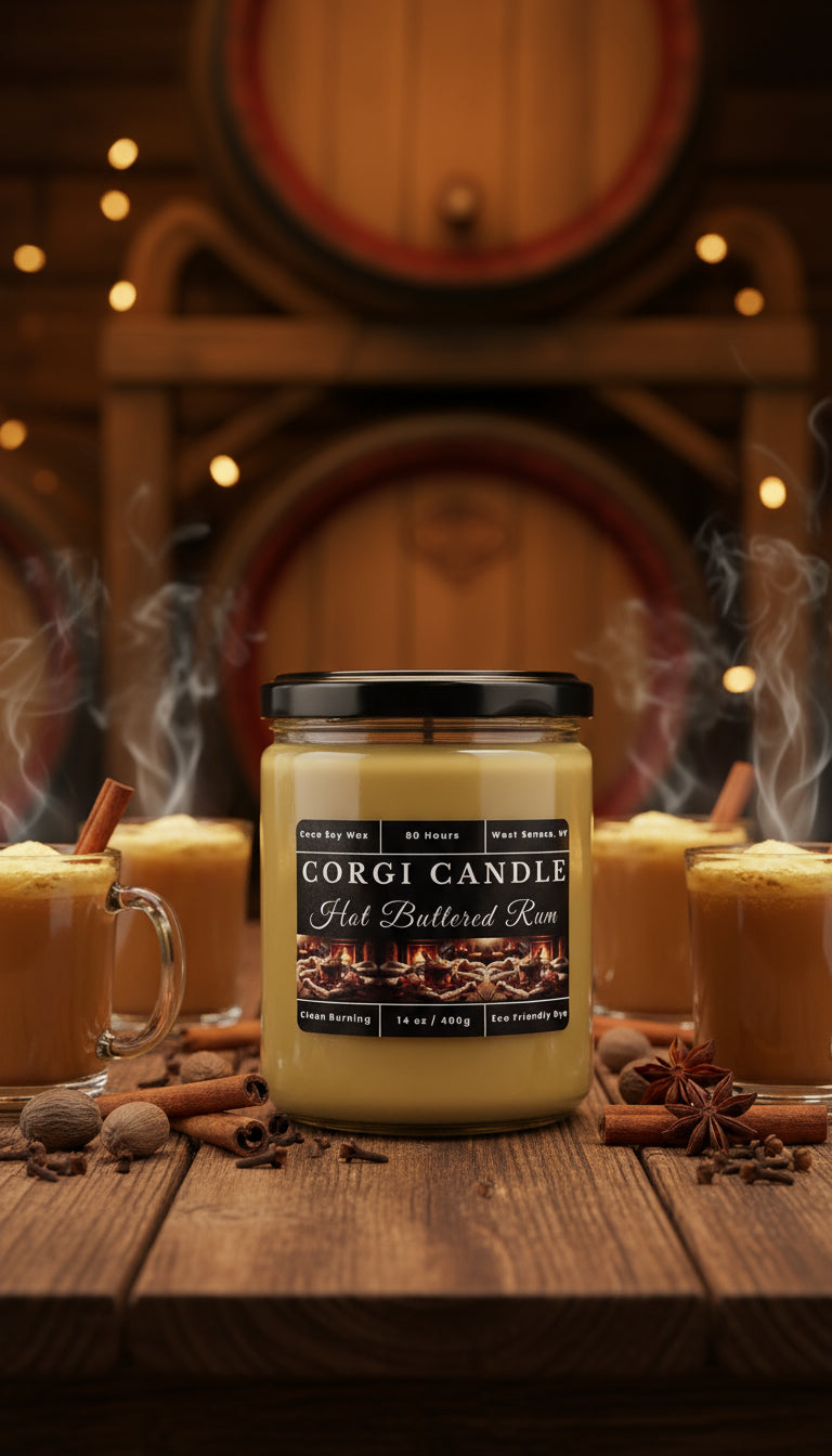Corgi Candle jar labeled 'Hot Buttered Rum' on a white background