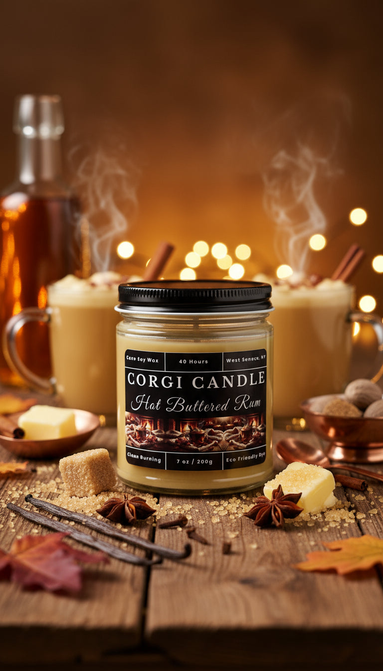 Corgi Candle jar labeled 'Hot Buttered Rum' with a warm, cozy background.