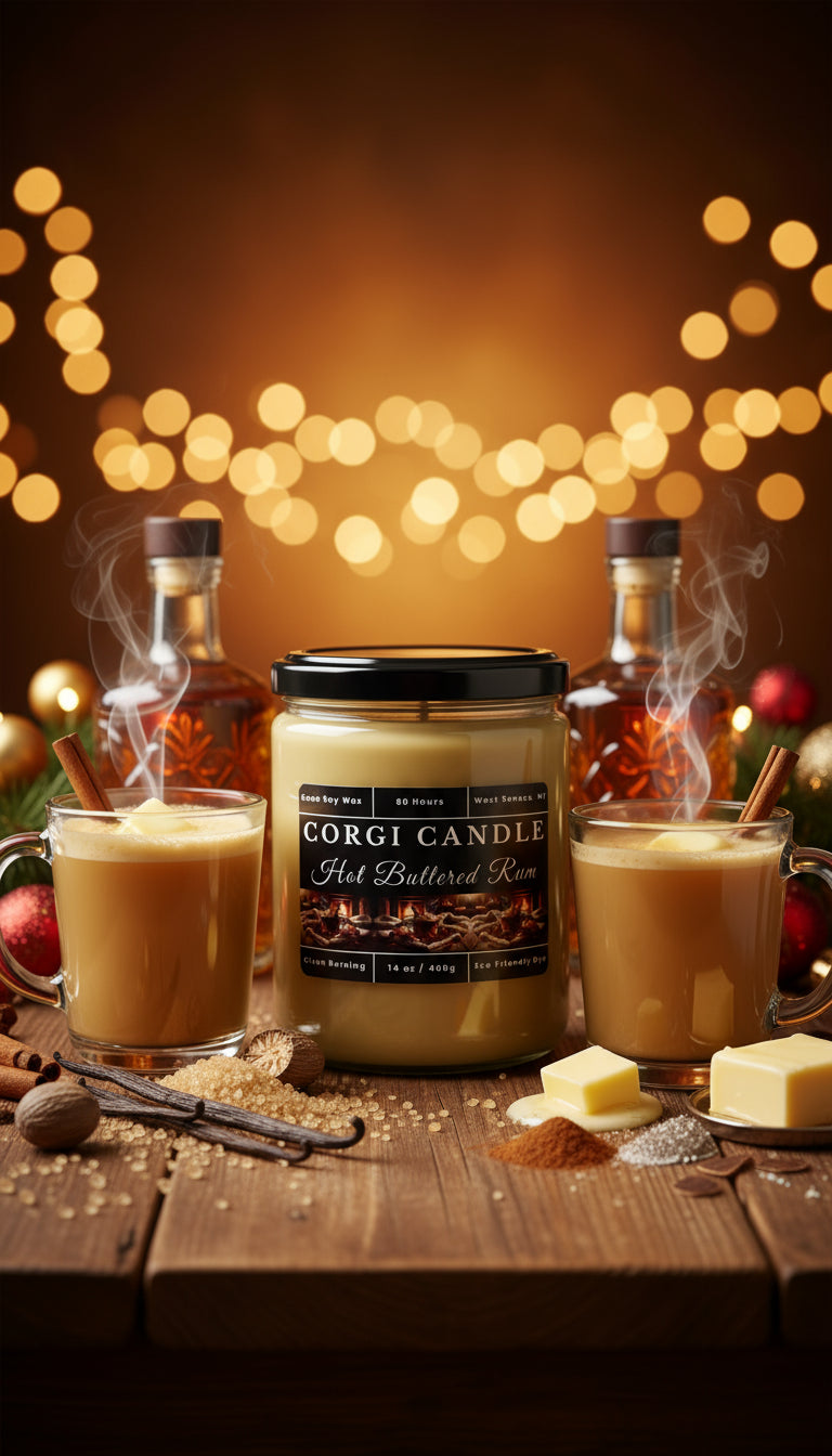 Corgi Candle jar labeled 'Hot Buttered Rum' on a white background